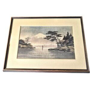 Vintage Japanese Silk Art Print Of Mount Fuji With Wooden Frame JE387